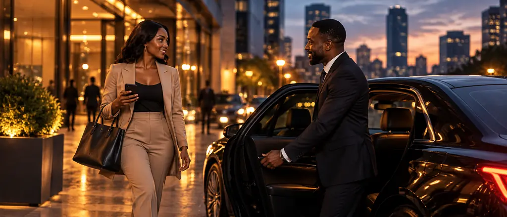 A rider stepping out of a hotel while her driver opens the car door at dusk